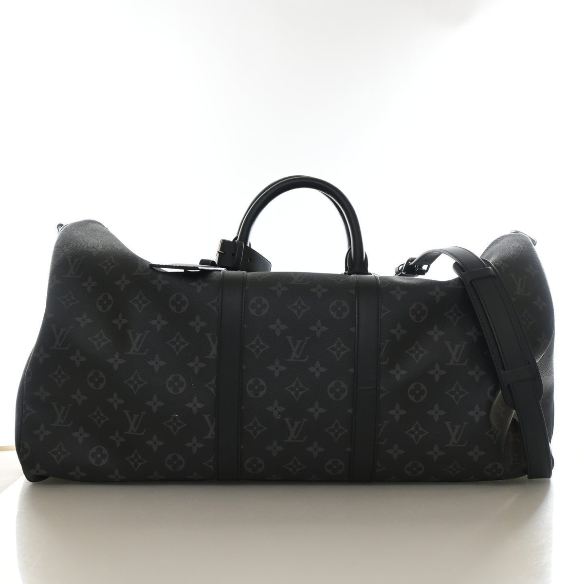 Pre-Owned Louis Vuitton 55 Monogram Eclipse Keepall, front view, authenticated at Luxe Du Jour