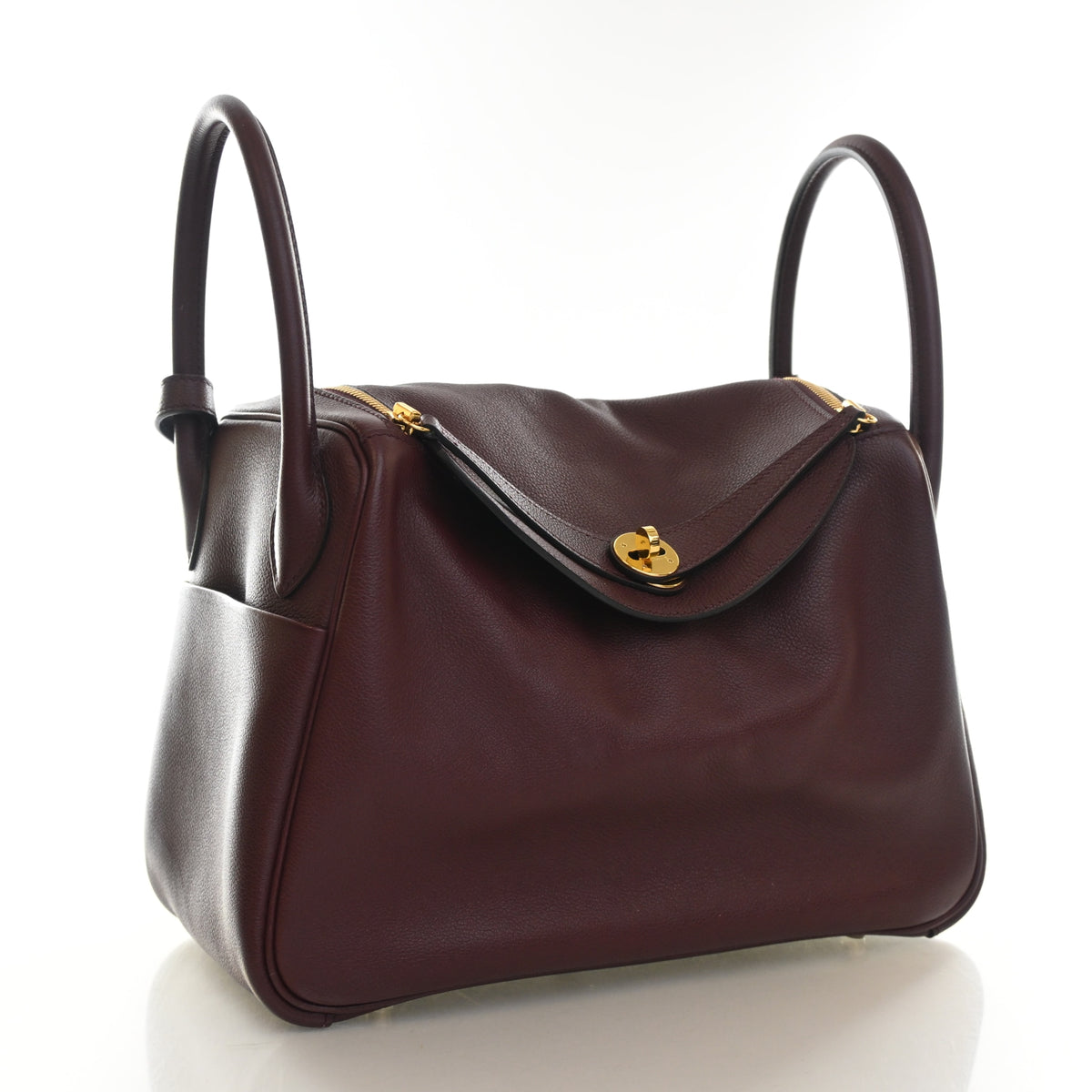 Pre-Owned Hermès Lindy 30 Rouge H Evercolor Leather, three-quarter view, authenticated at Luxe Du Jour