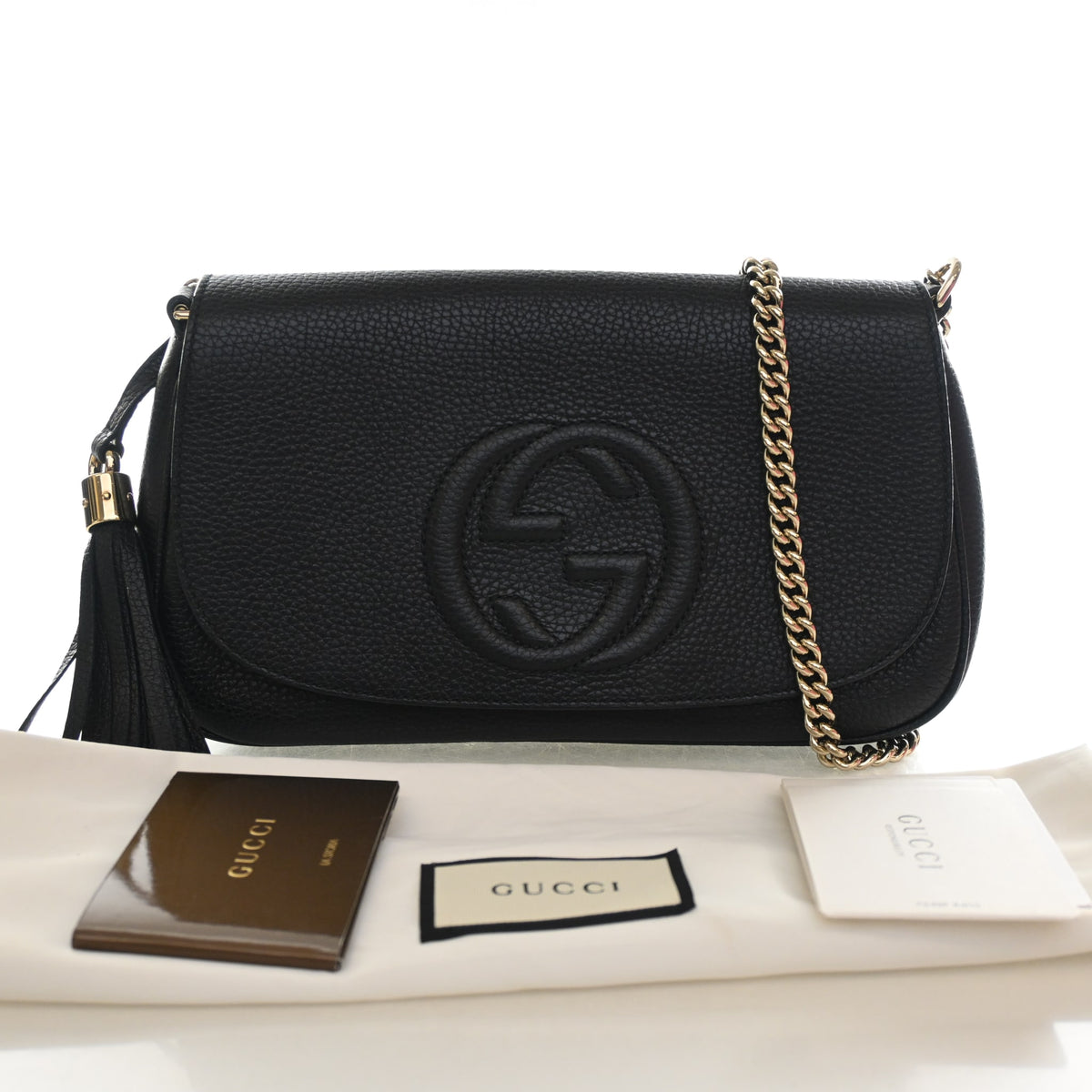 Pre-Owned Gucci Flap Bag Calfskin Soho Chain, shown with dust bag and packaging