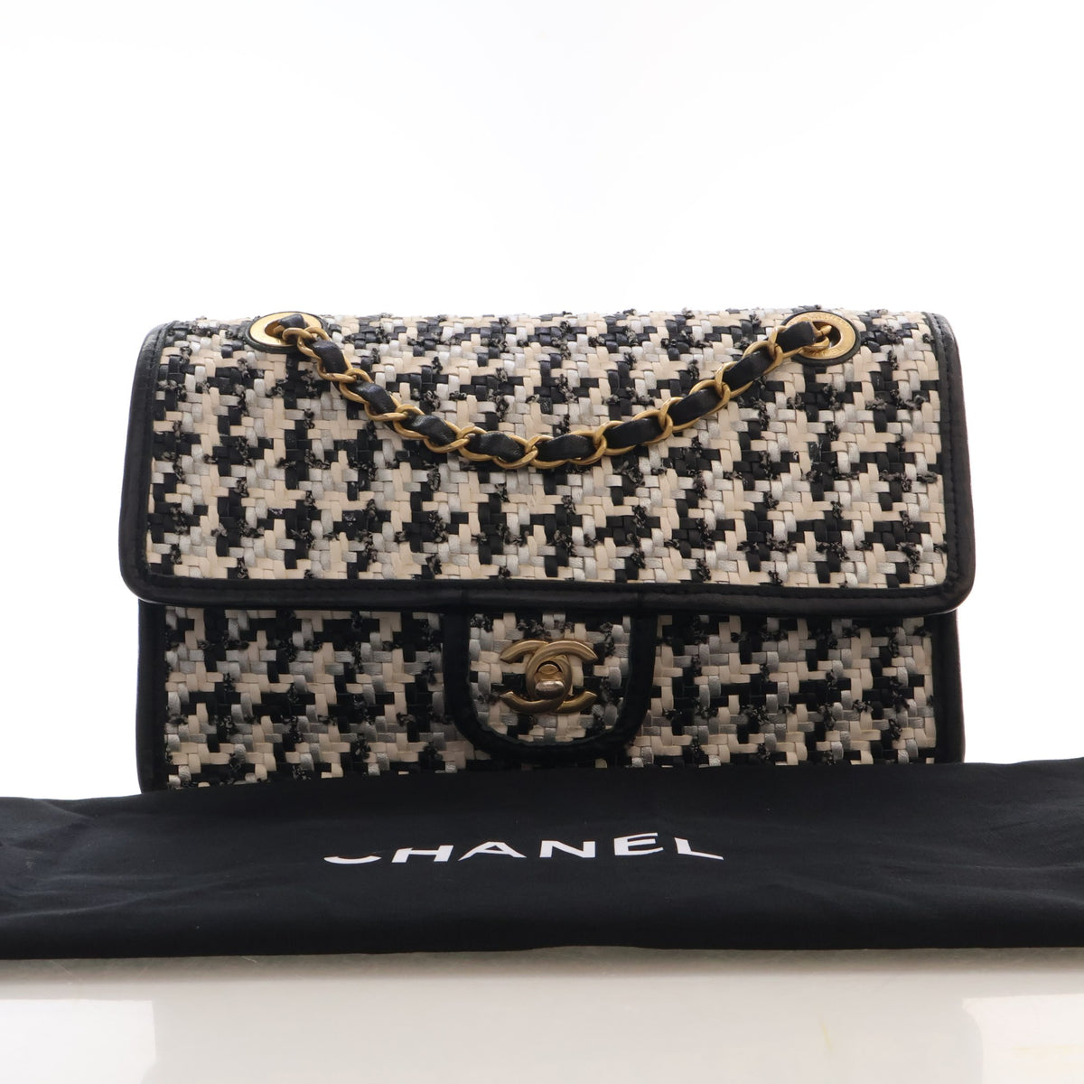 Pre-Owned Chanel Flap Bag Medium Mixed Fibers Classic Single, shown with dust bag and packaging