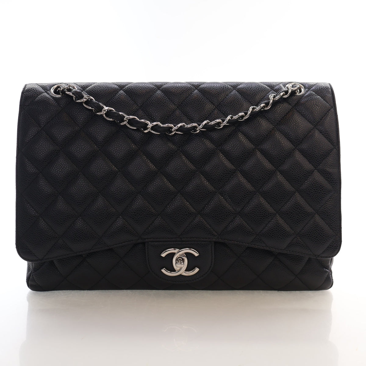 Pre-Owned Chanel Classic Double Flap Maxi Caviar Leather Bag, front view, authenticated at Luxe Du Jour
