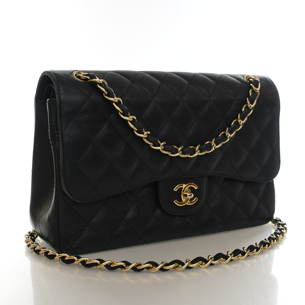 Pre-Owned Chanel Classic Double Flap Jumbo Caviar Leather Bag, three-quarter view