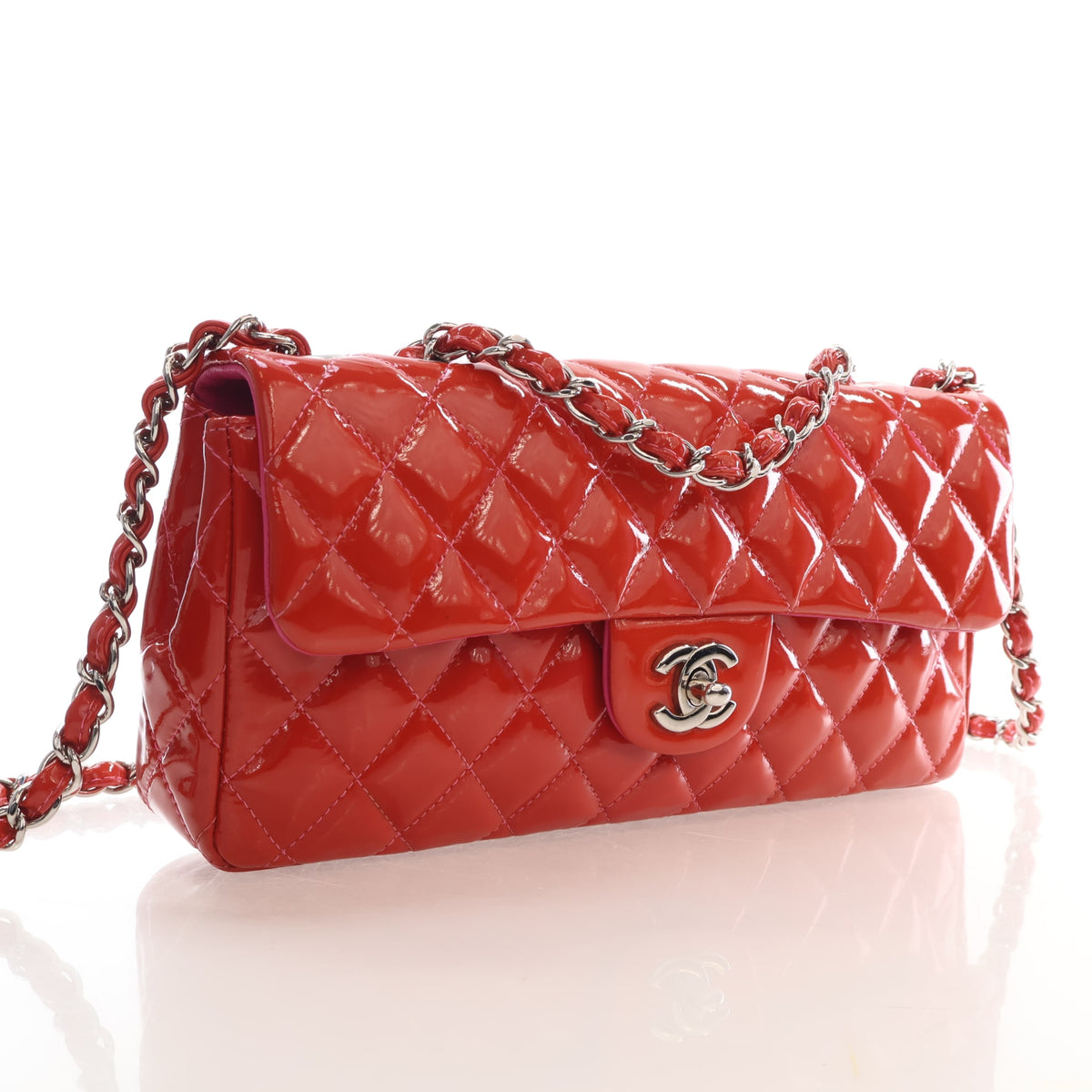 Pre-Owned Chanel Flap Bag Medium Patent Leather East West Single, three-quarter view, authenticated at Luxe Du Jour