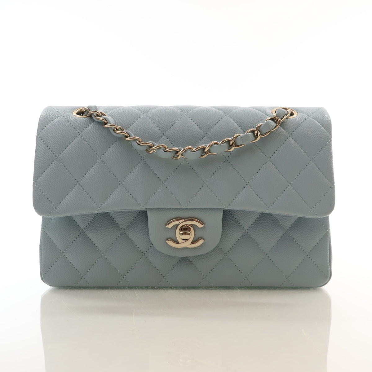 Pre-Owned Chanel Classic Double Flap Small Caviar Leather Bag, front view, authenticated at Luxe Du Jour