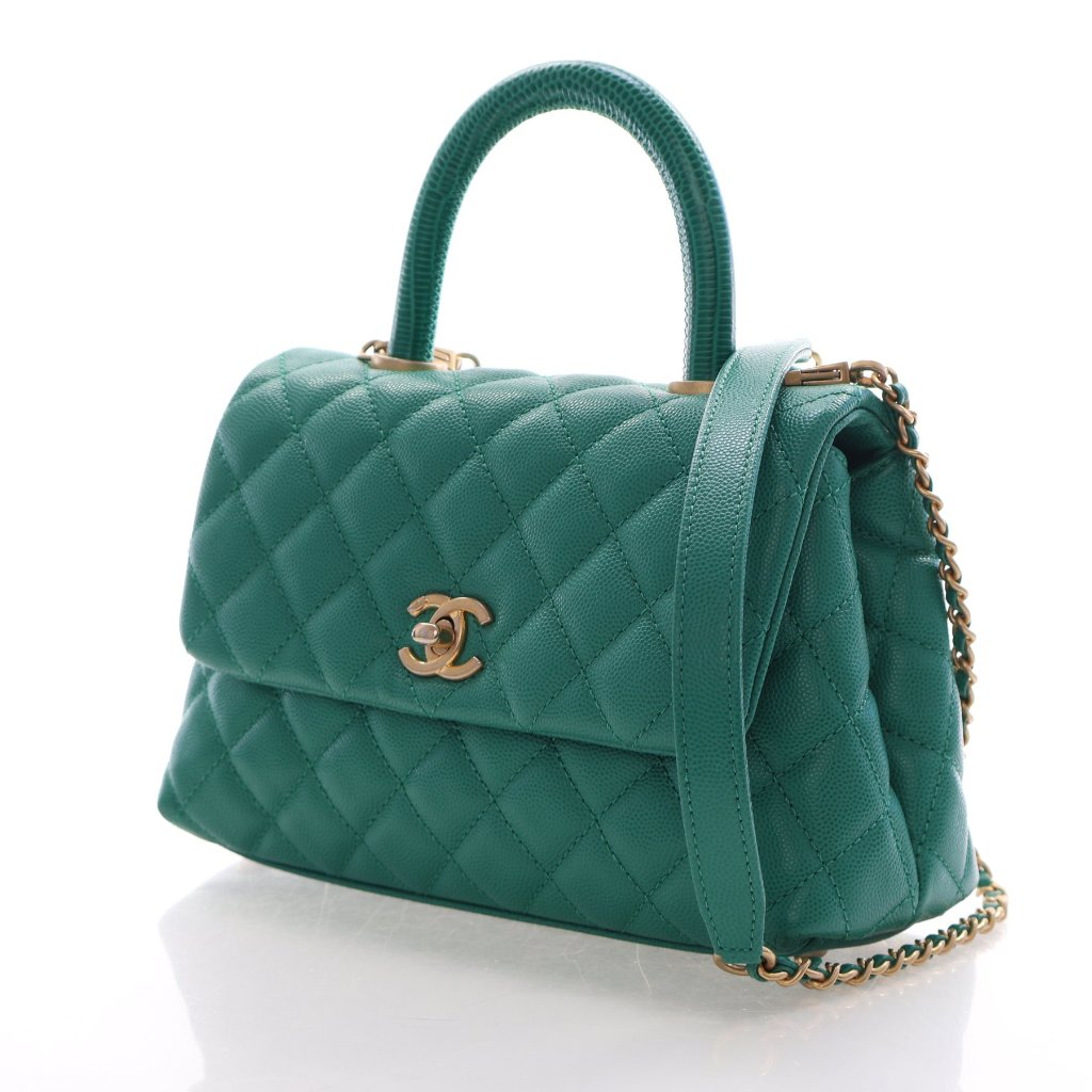 Pre-Owned Chanel Coco Handle Small Caviar Lizard Leather Bag, three-quarter view