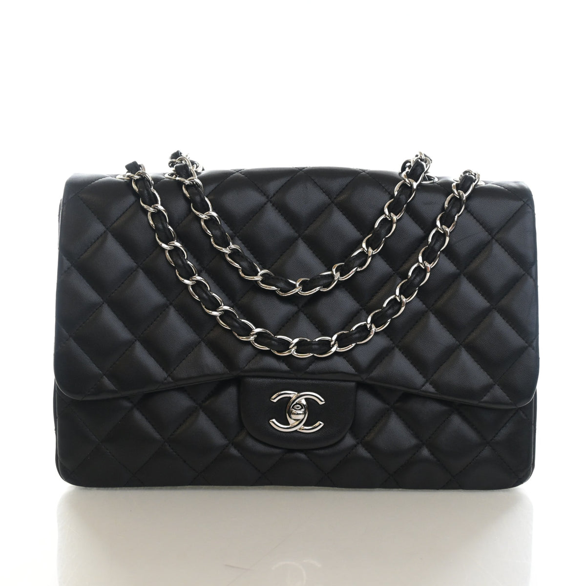 Pre-Owned Chanel Flap Bag Jumbo Lambskin Classic Single, front view, authenticated at Luxe Du Jour