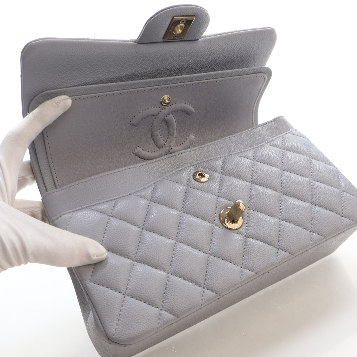 Pre-Owned Chanel Classic Double Flap Small Caviar Leather Bag, open interior with lining, photo 14 of 18