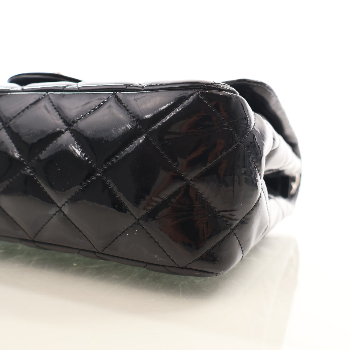 Pre-Owned Chanel Classic Double Flap Jumbo Patent Leather Bag, base and feet view, photo 8 of 19