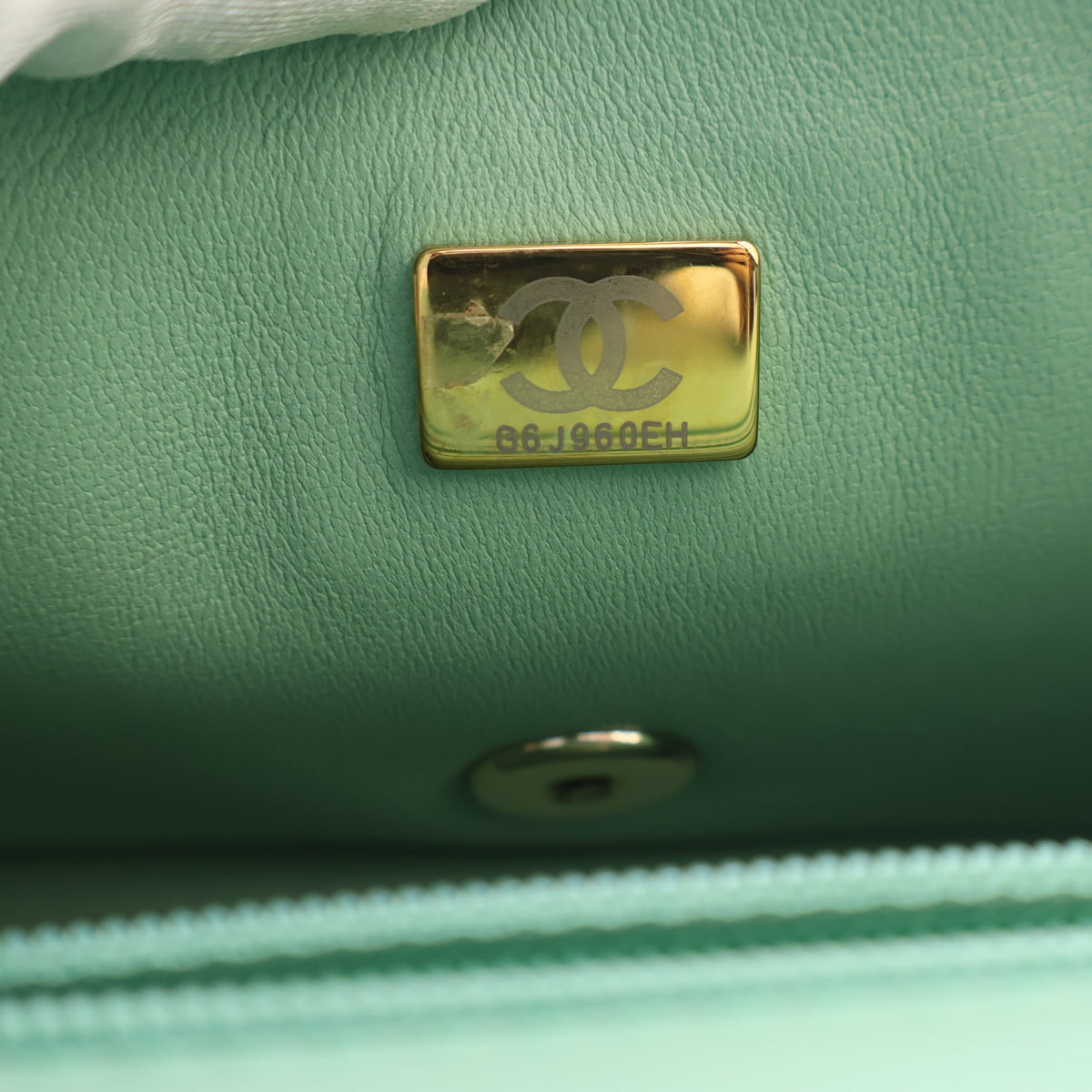Pre-Owned Chanel Classic Flap Mini Lambskin Rectangular Top Handle Bag, gold embossed logo detail, photo 19 of 20