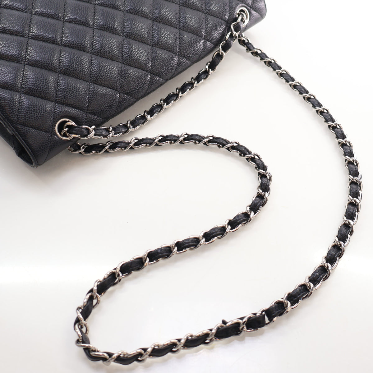 Pre-Owned Chanel Classic Double Flap Maxi Caviar Leather Bag, strap and chain detail