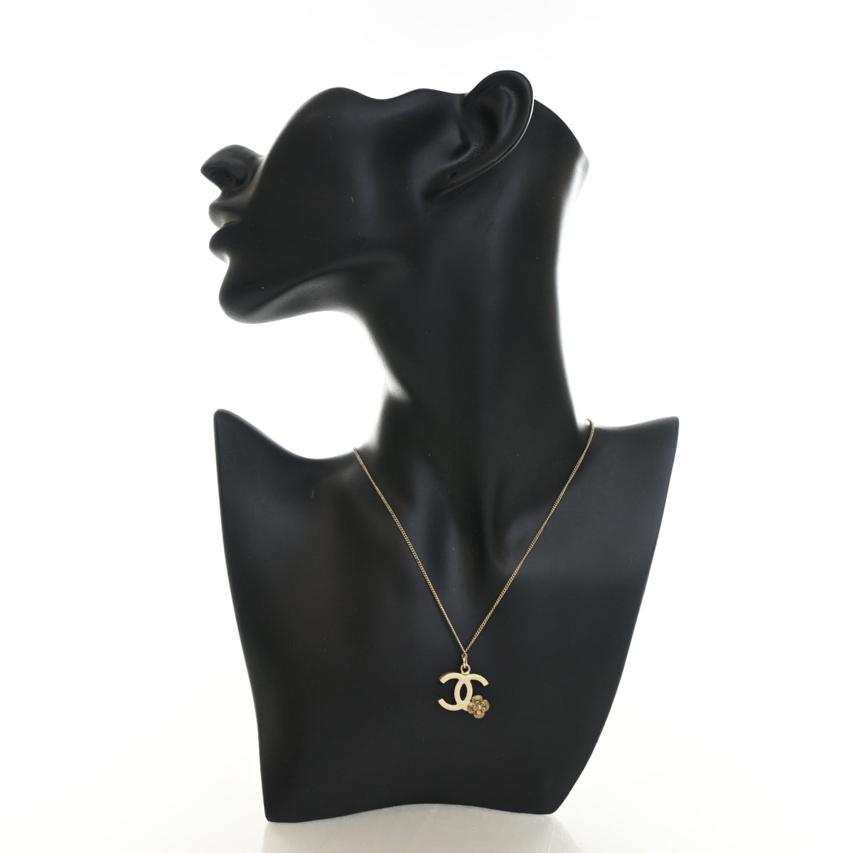 Pre-Owned Chanel Necklace CC Camellia Pendant, worn on model, authenticated at Luxe Du Jour