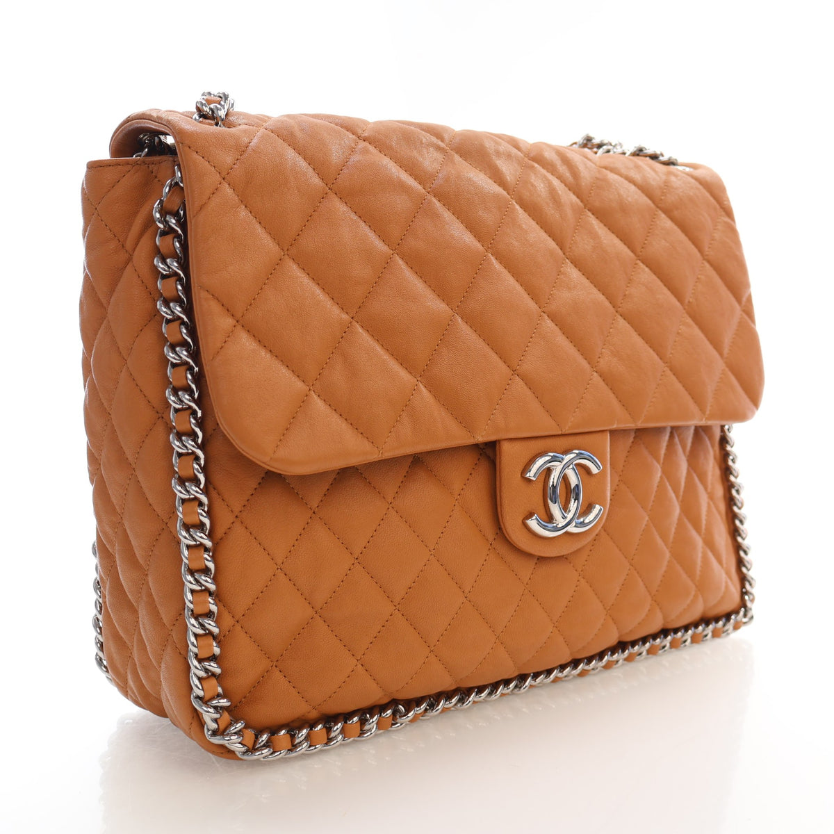 Pre-Owned Chanel Flap Bag Maxi Lambskin Chain Around, three-quarter view, authenticated at Luxe Du Jour
