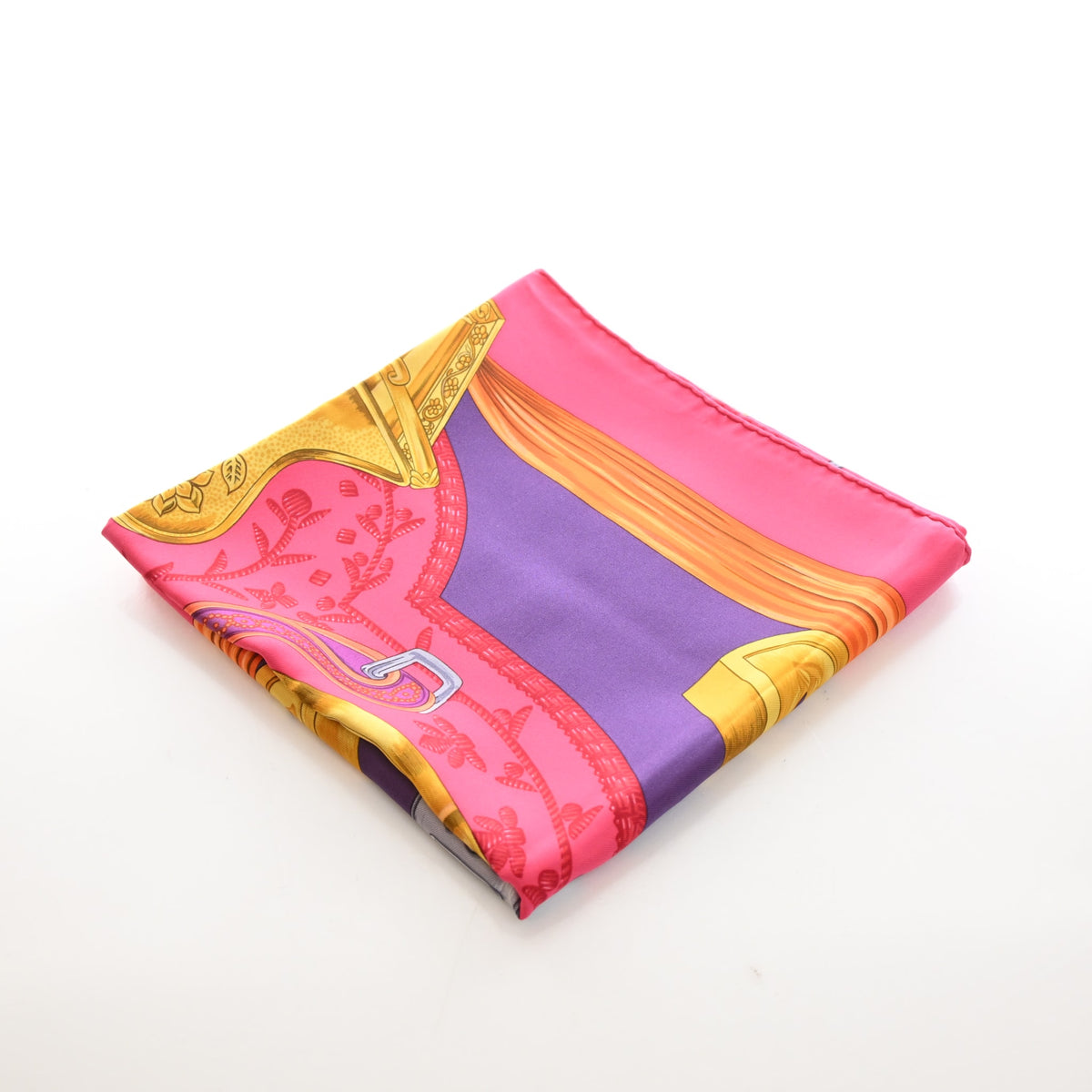 Pre-Owned Hermès Scarf 90 Etriers Silk, flat lay, authenticated at Luxe Du Jour
