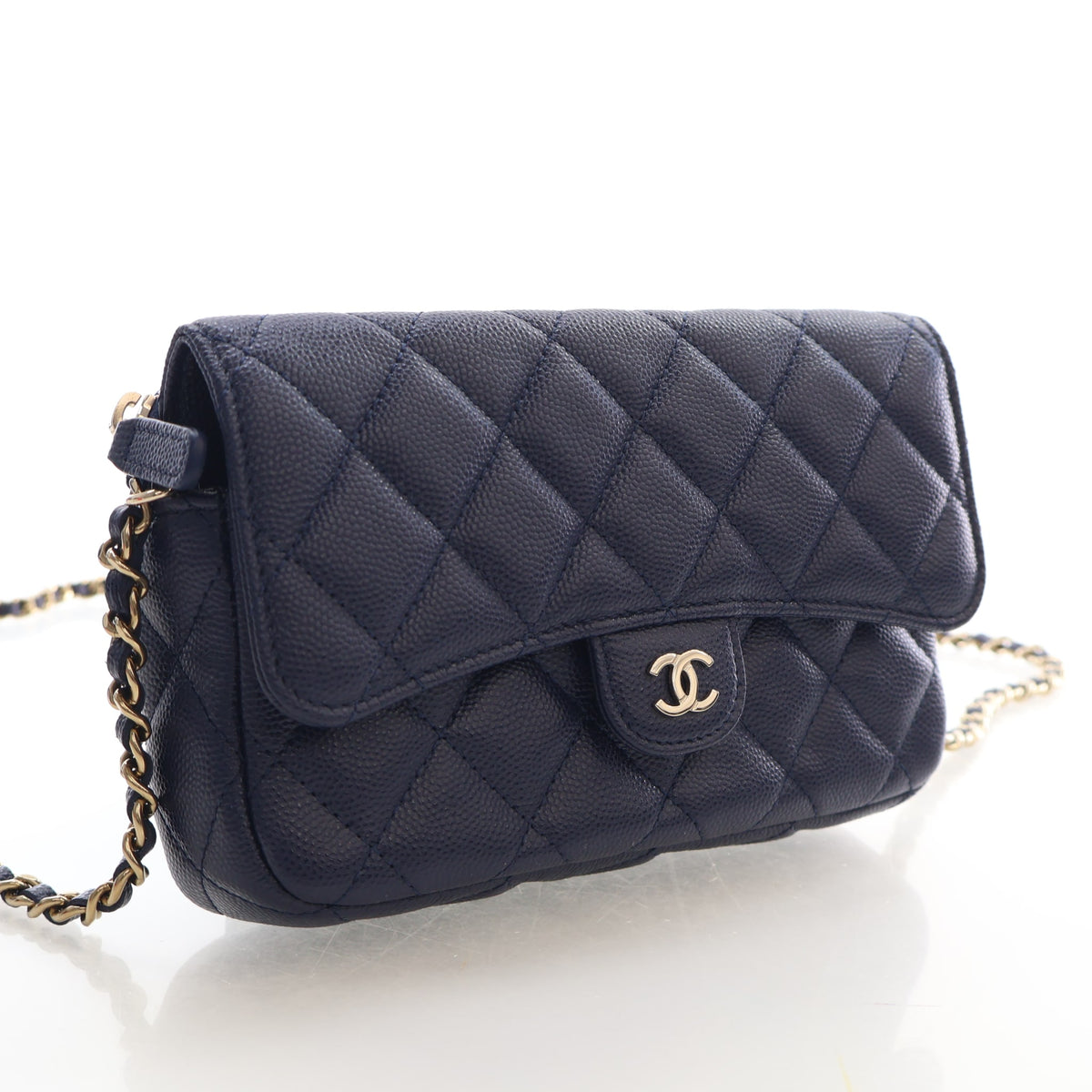 Pre-Owned Chanel Classic Flap Caviar Leather Phone Bag With Chain, front view