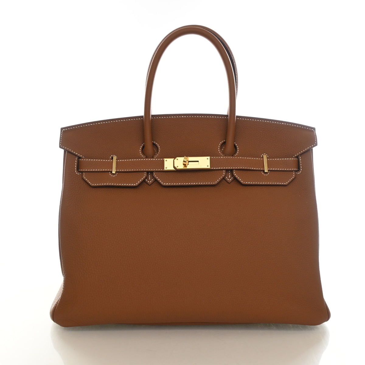 Pre-Owned Hermès Birkin 35 Gold Togo Leather, front view, authenticated at Luxe Du Jour