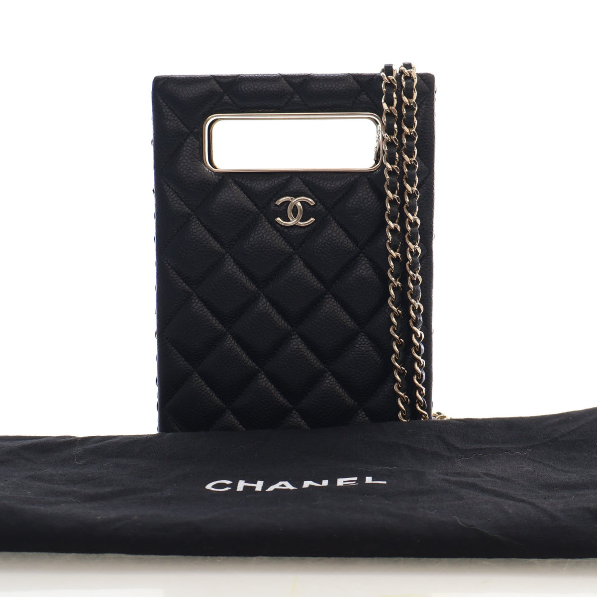 Pre-Owned Chanel Clutch Small Caviar Leather Evening Box On Chain, shown with dust bag and packaging
