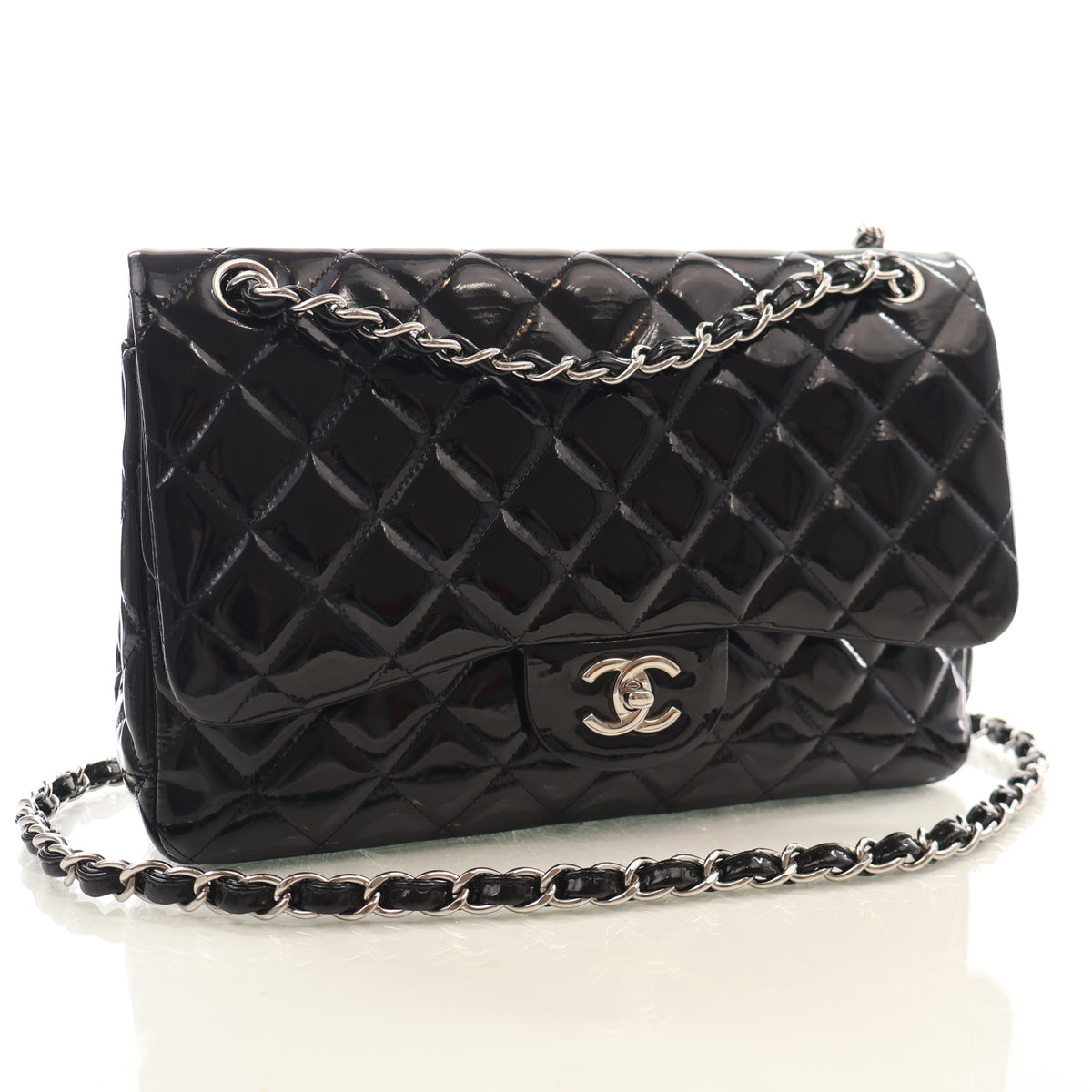 Pre-Owned Chanel Classic Double Flap Jumbo Patent Leather Bag, three-quarter view, authenticated at Luxe Du Jour