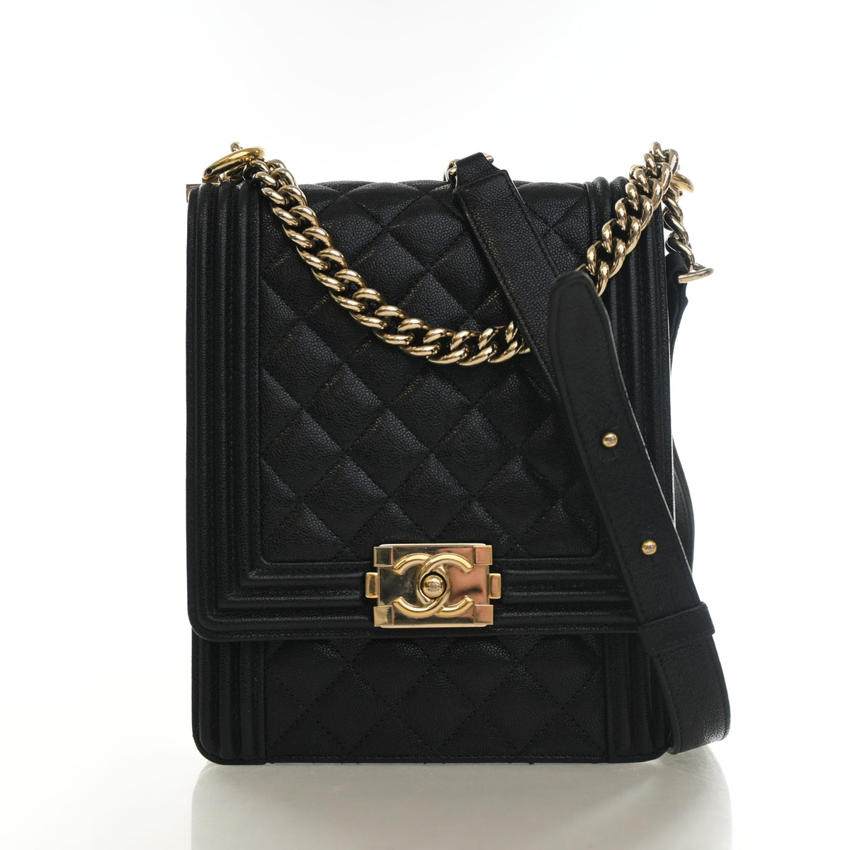 Pre-Owned Chanel Boy Bag Caviar Leather North South, front view, authenticated at Luxe Du Jour