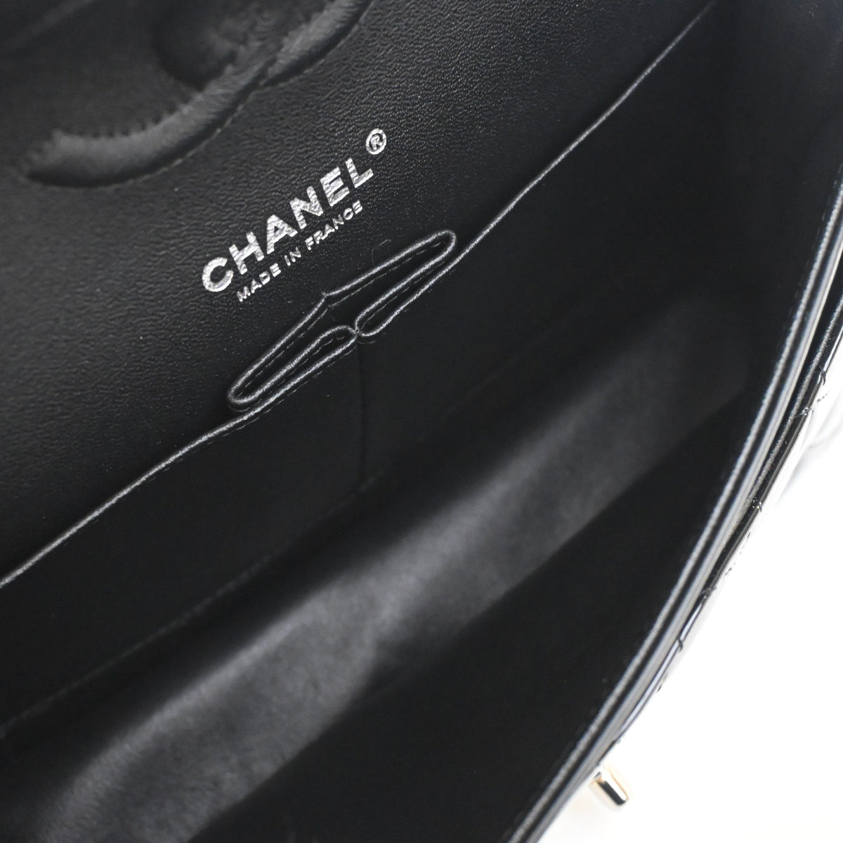 Pre-Owned Chanel Classic Double Flap Medium Patent Leather Bag, open interior