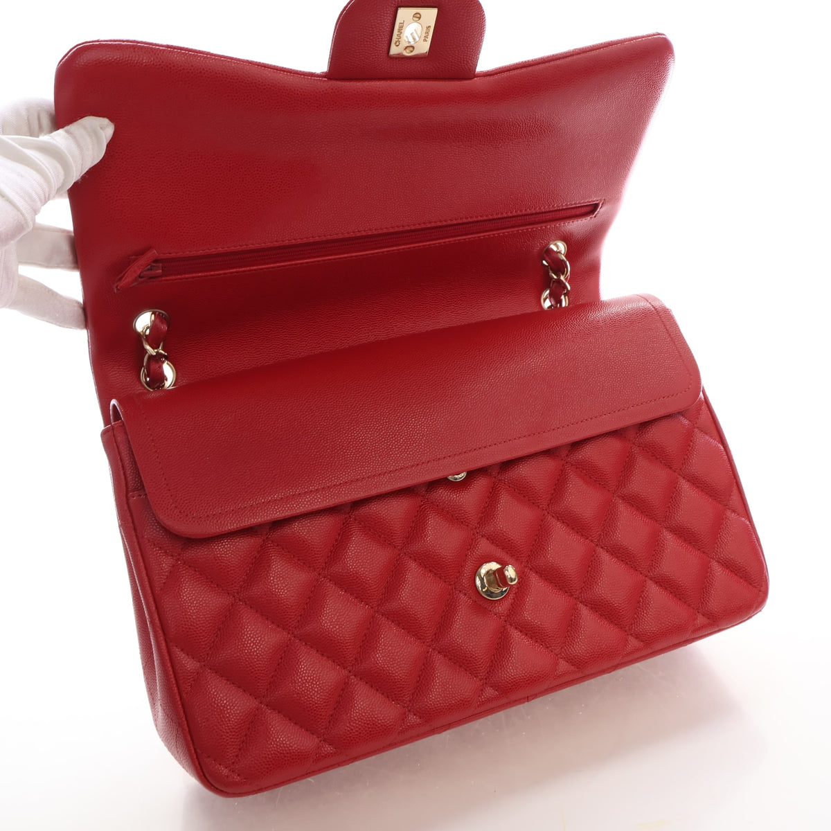 Pre-Owned Chanel Classic Double Flap Jumbo Caviar Leather Bag, open interior, photo 14 of 18