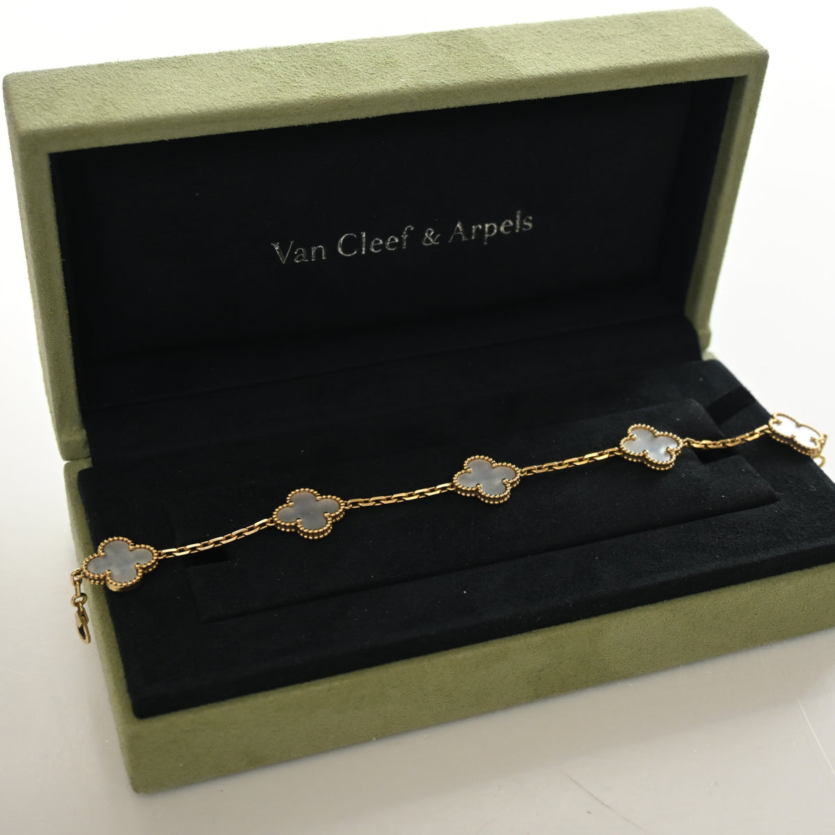 Vintage Van Cleef & Arpels Alhambra Mother Of Pearl 5 Motif Bracelet, shown with dust bag and packaging, photo 8 of 9