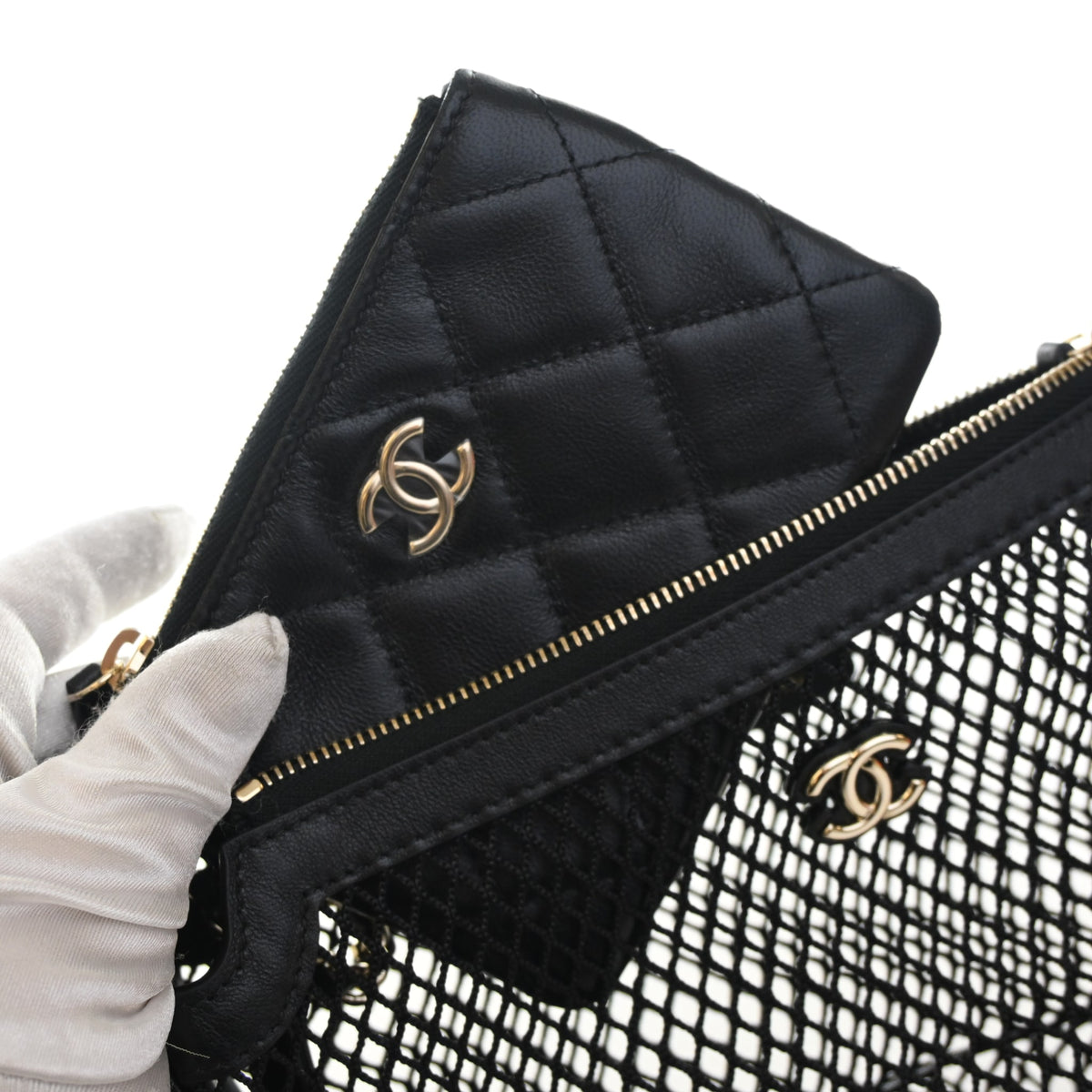 Pre-Owned Chanel Hobo Lambskin Mesh Chain, held in hand