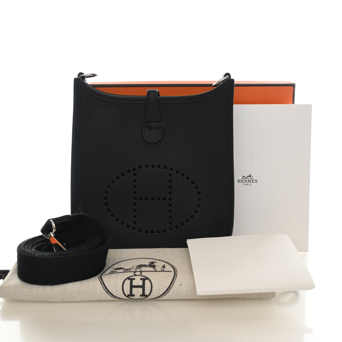 Pre-Owned Hermès Evelyne TPM Noir Clemence Leather 16, shown with dust bag and packaging