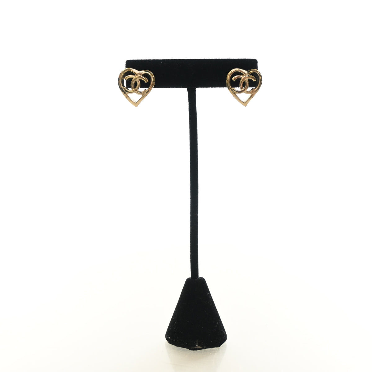 Pre-Owned Chanel Heart CC Stud Earrings, front view, authenticated at Luxe Du Jour
