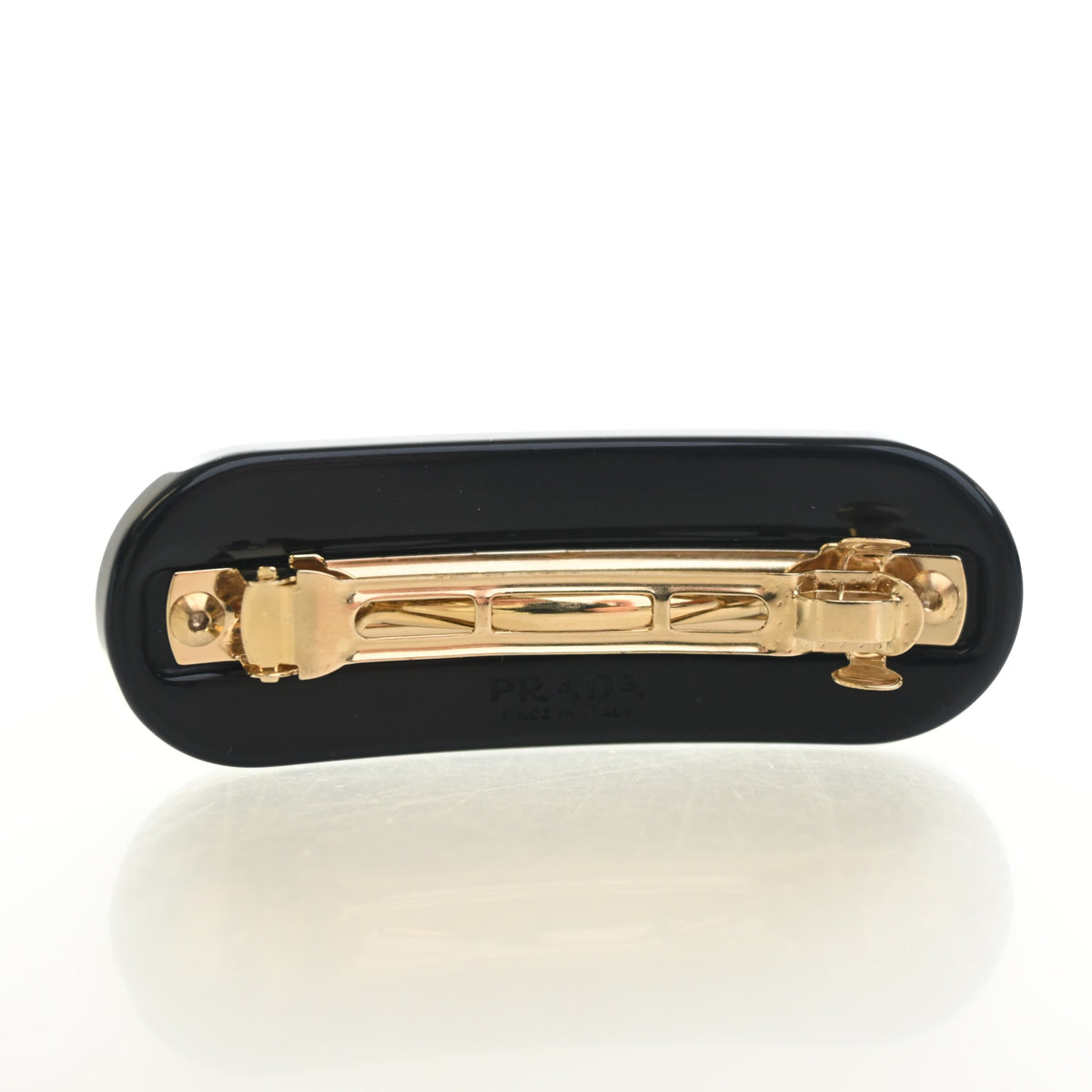 Pre-Owned Prada Crystal Logo Barrette, gold hardware close-up
