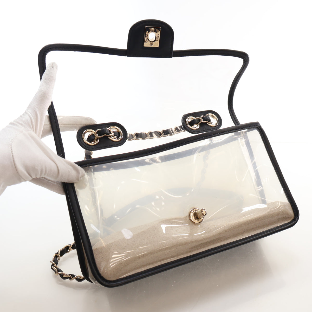 Pre-Owned Chanel Flap Bag Medium PVC Sand By The Sea, open front view