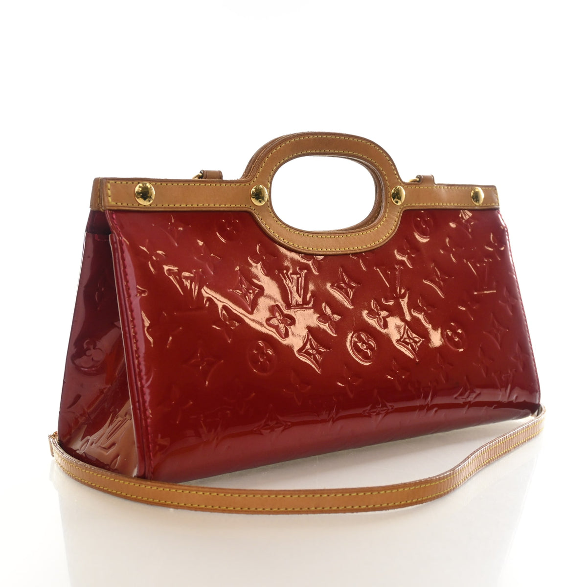 Pre-Owned Louis Vuitton Monogram Vernis Roxbury, three-quarter view, authenticated at Luxe Du Jour