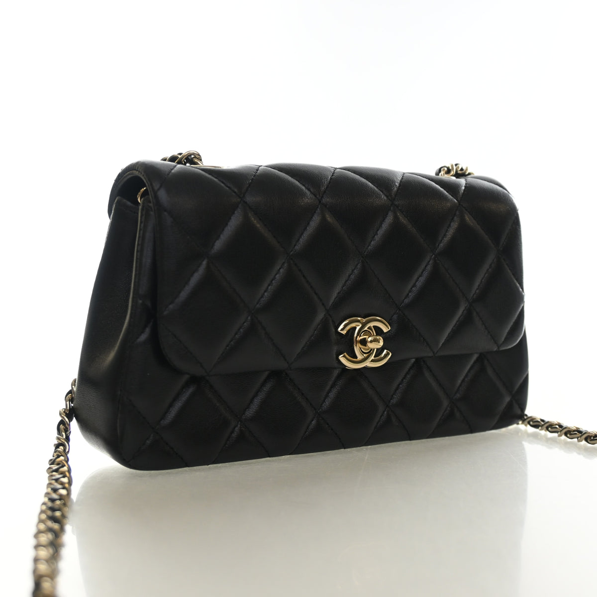 Pre-Owned Chanel Flap Bag Mini Lambskin Chain, three-quarter view, authenticated at Luxe Du Jour