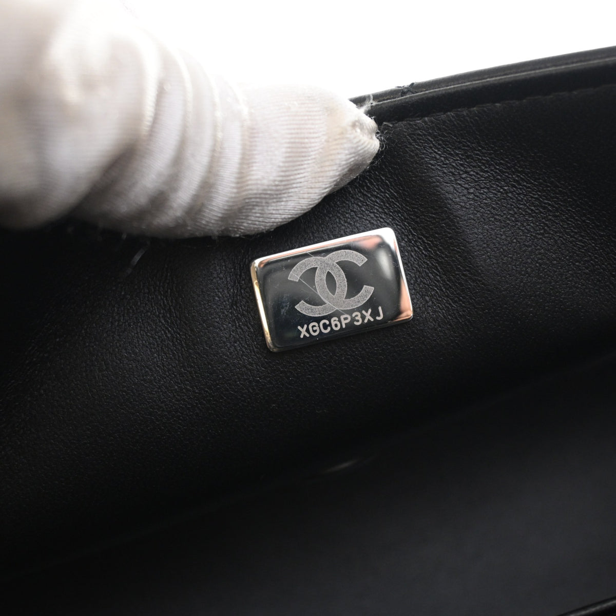 Pre-Owned Chanel Classic Flap Mini Lambskin Rectangular Bag, silver embossed logo detail, photo 13 of 14