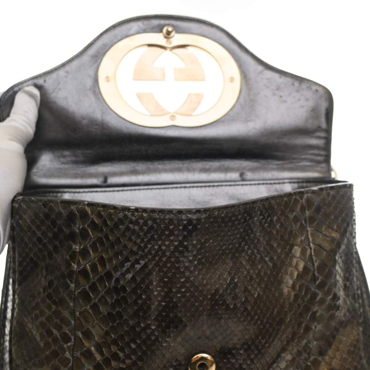 Pre-Owned Gucci Python Britt Messenger Bag, open interior with lining