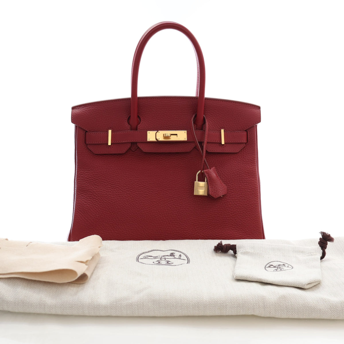 Pre-Owned Hermès Birkin 30 Rouge H Togo Leather, shown with dust bag and packaging