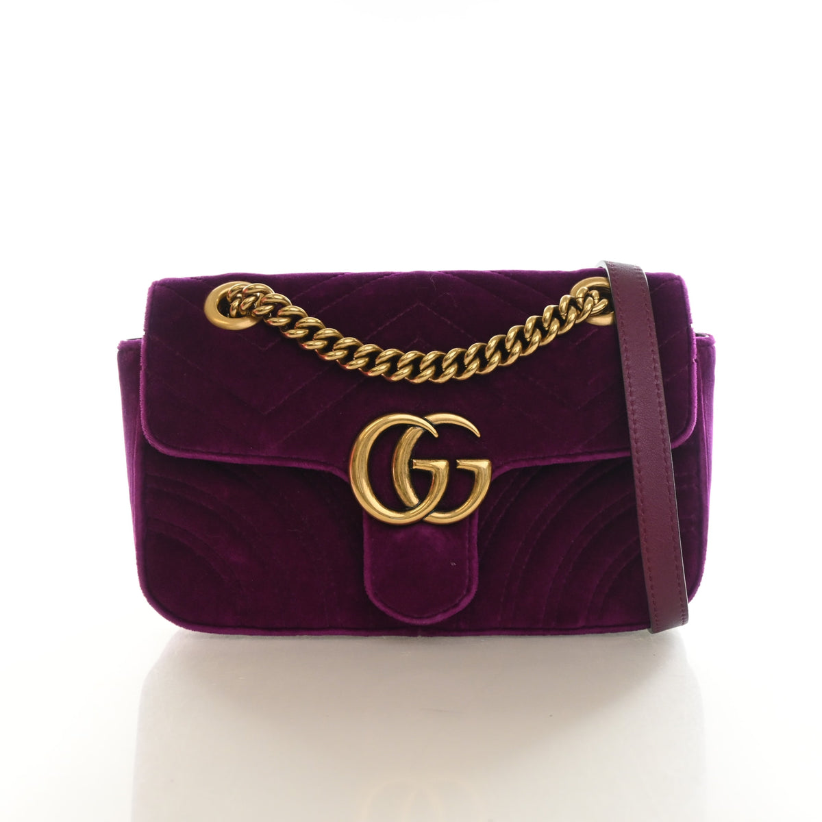 Pre-Owned Gucci Flap Bag Small Velvet Marmont, front view, authenticated at Luxe Du Jour
