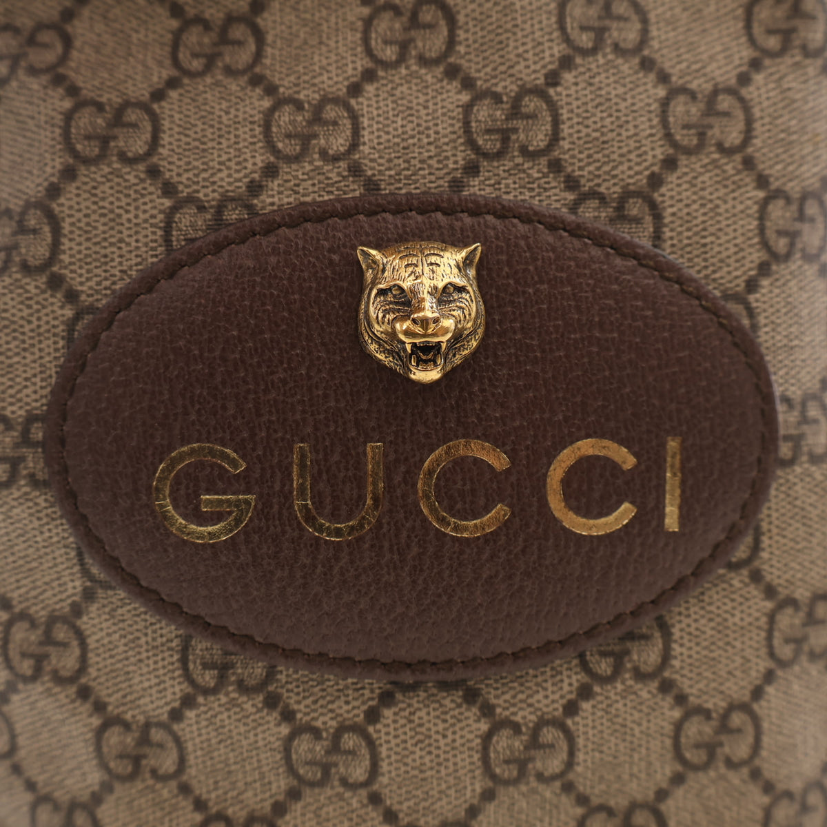 Vintage Gucci Backpack GG Supreme Monogram Neo Drawstring Bucket, gold embossed logo detail