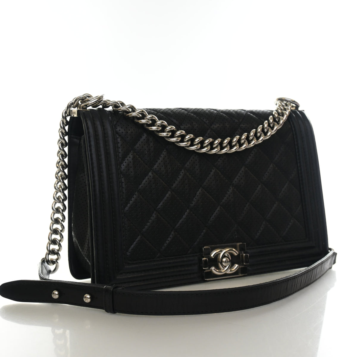 Pre-Owned Chanel Boy Bag Medium Lambskin Perforated, three-quarter view, authenticated at Luxe Du Jour