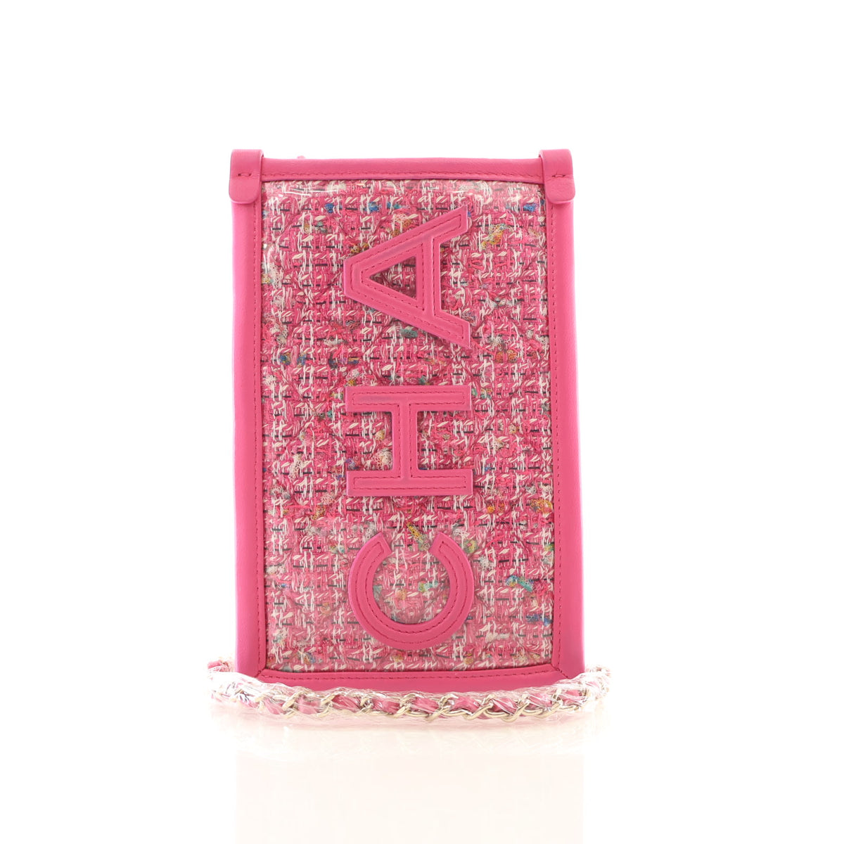 Pre-Owned Chanel Clutch PVC Tweed With Chain, front view, authenticated at Luxe Du Jour