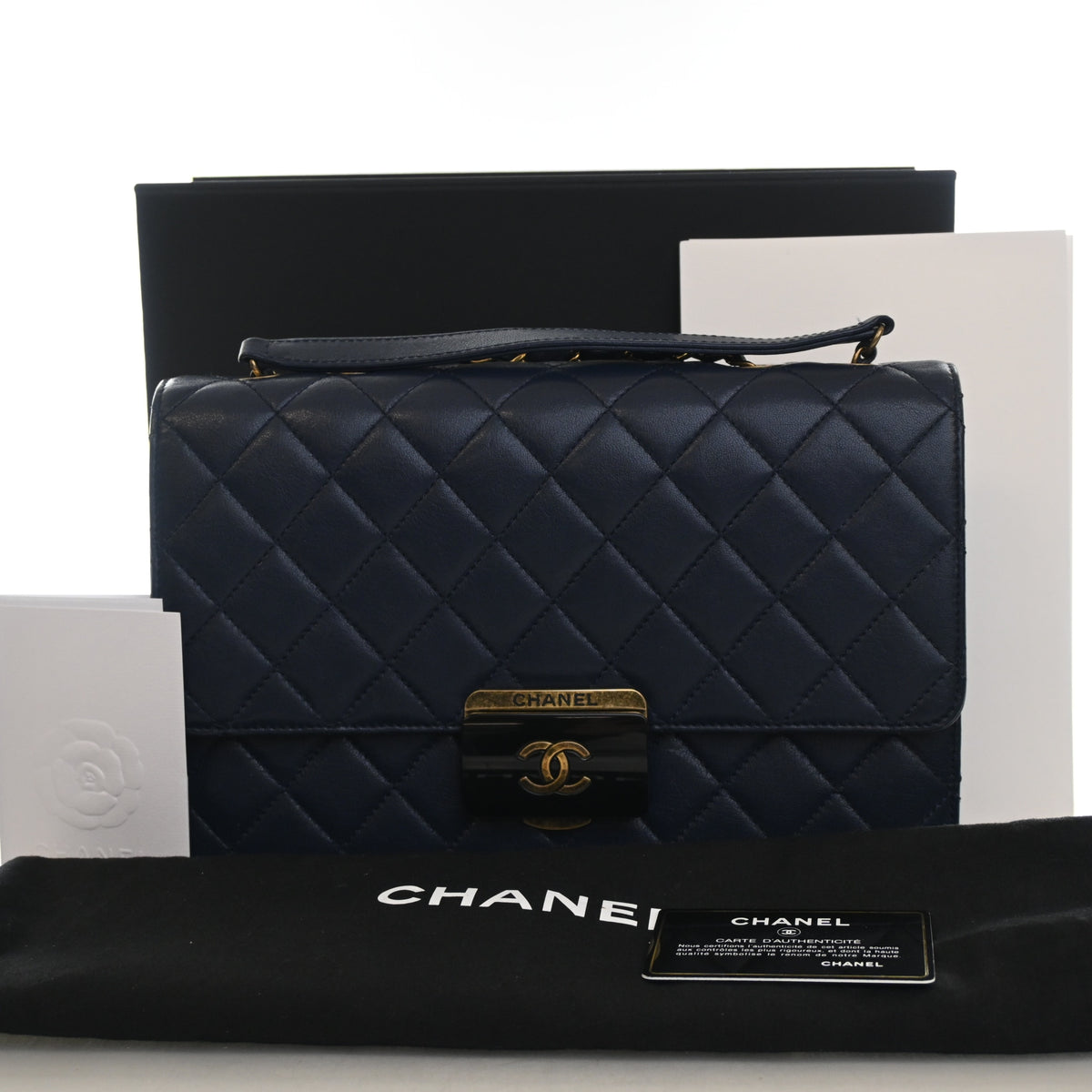 Pre-Owned Chanel Flap Bag Large Sheepskin Beauty Lock, shown with dust bag and packaging