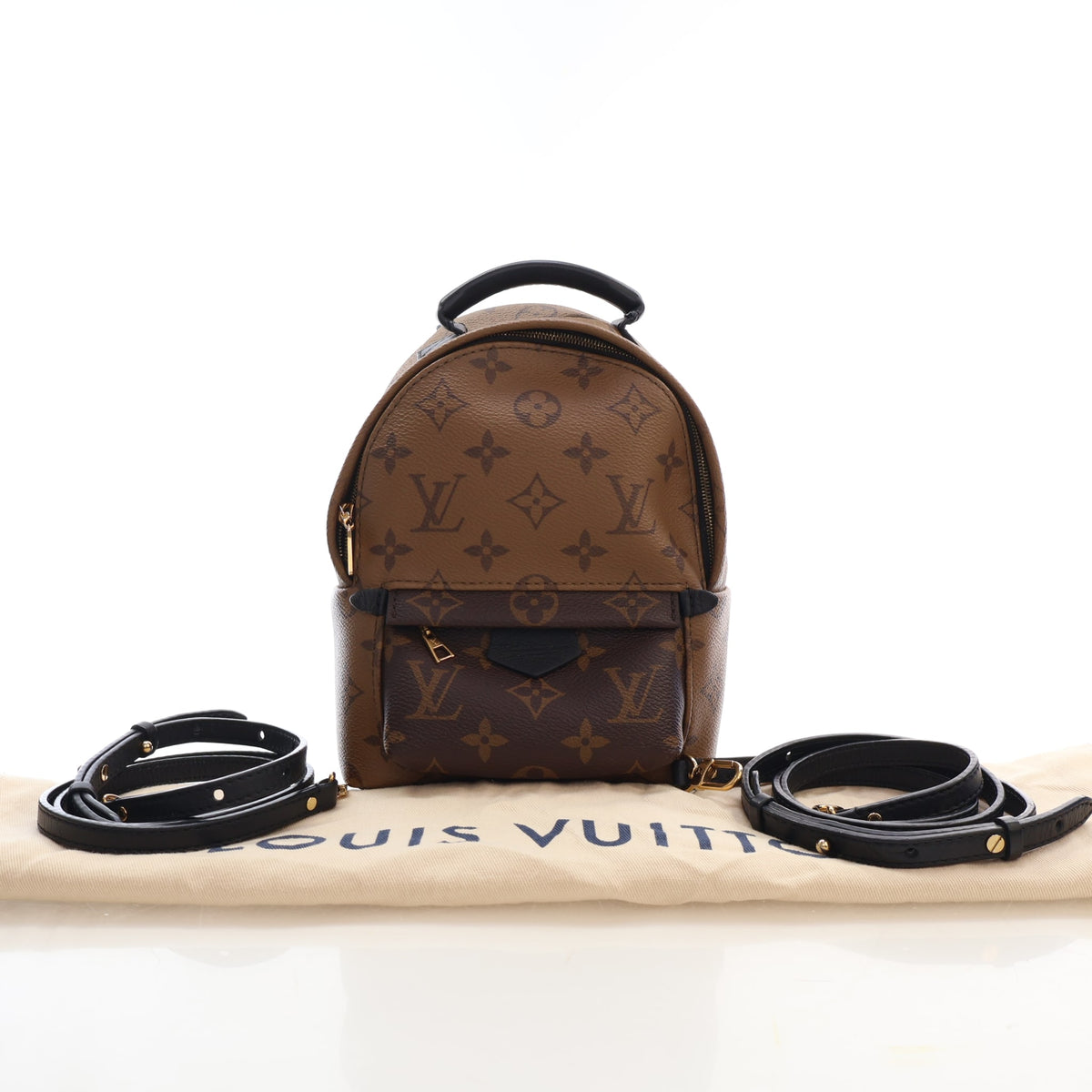 Pre-Owned Louis Vuitton Mini Reverse Monogram Palm Springs, shown with dust bag and packaging