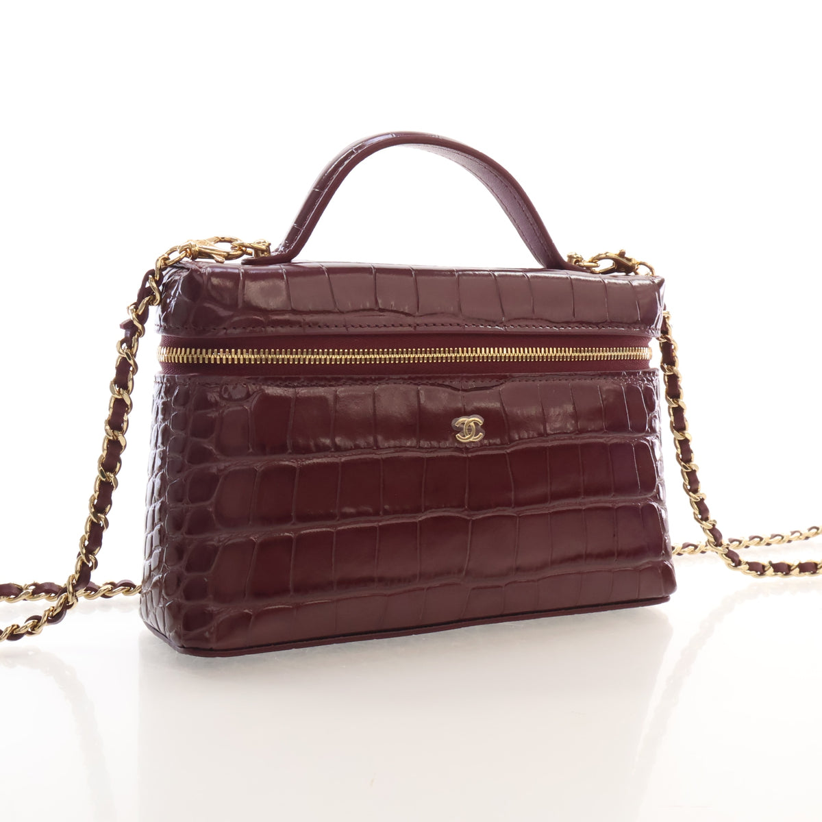 Pre-Owned Chanel Top Handle Small Crocodile Leather Embossed Leather Slim Vanity With Chain, three-quarter view