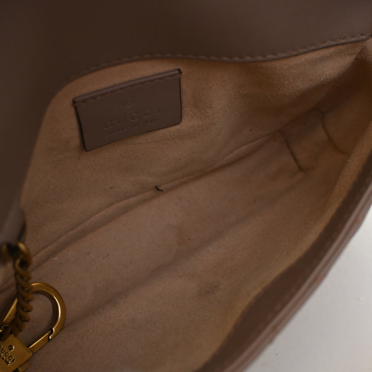 Pre-Owned Gucci Flap Bag Mini Calfskin Super Marmont, open interior with lining
