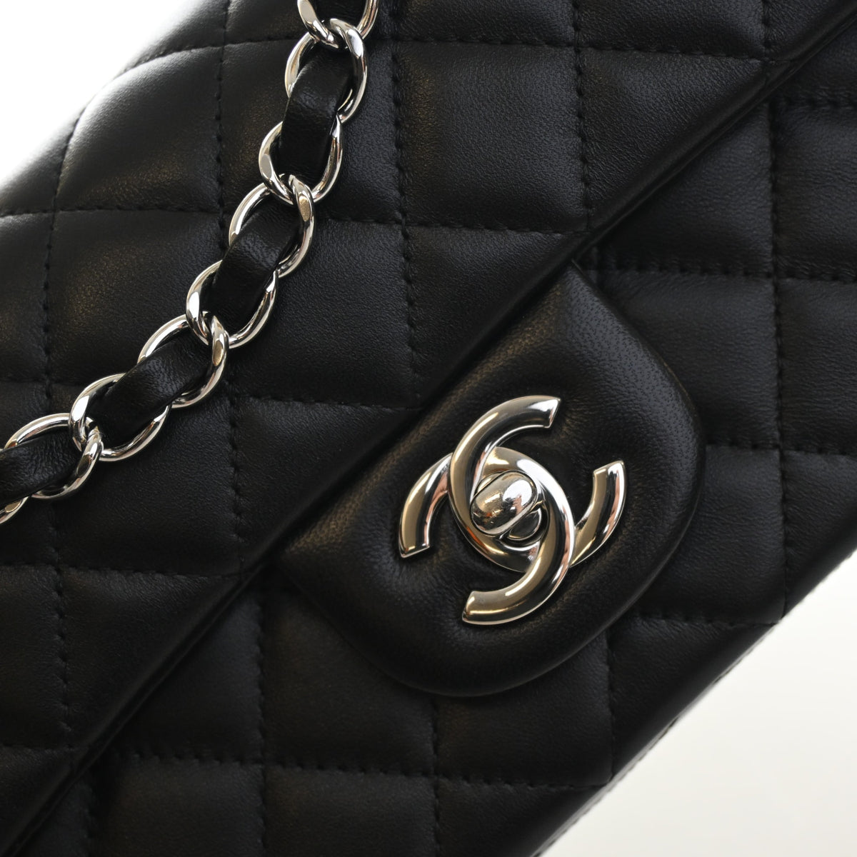Pre-Owned Chanel Classic Flap Mini Lambskin Rectangular Bag, silver embossed logo detail