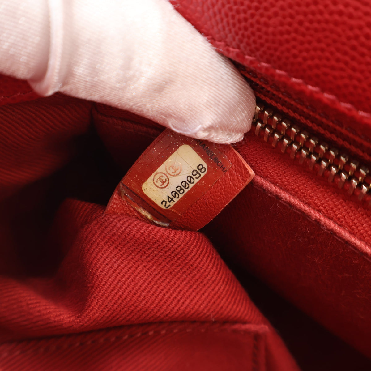 Pre-Owned Chanel Top Handle Medium Caviar Leather Flap Bag, interior label and date code