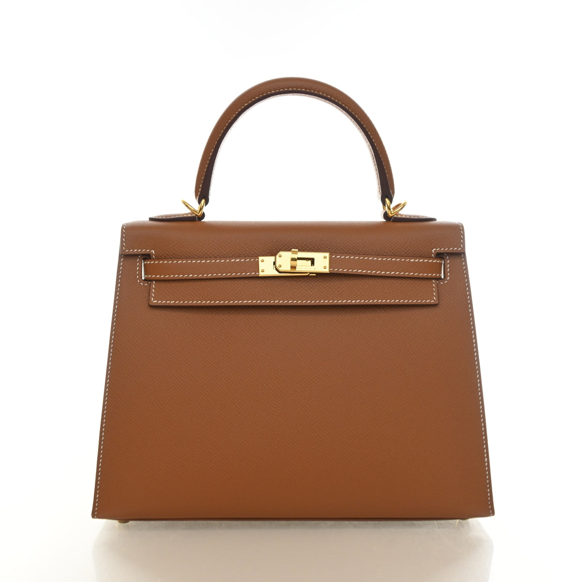 Pre-Owned Hermès Kelly 25 Gold Epsom Leather Sellier, front view, authenticated at Luxe Du Jour