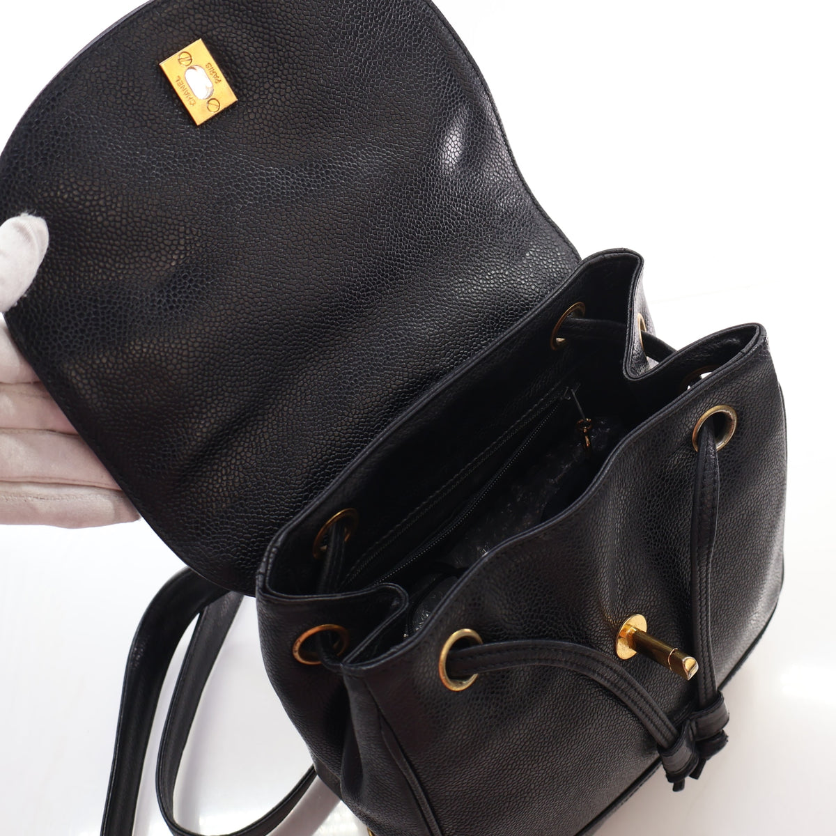 Vintage Chanel Backpack Caviar Leather Triple CC, open interior with lining