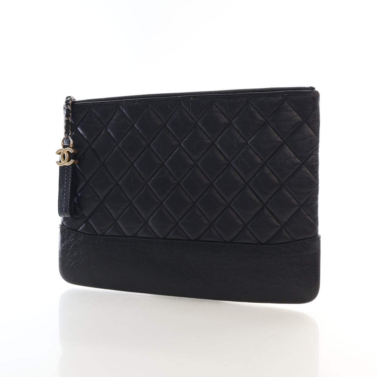 Pre-Owned Chanel Case Medium Aged Calfskin Gabrielle Cosmetic, three-quarter view, authenticated at Luxe Du Jour