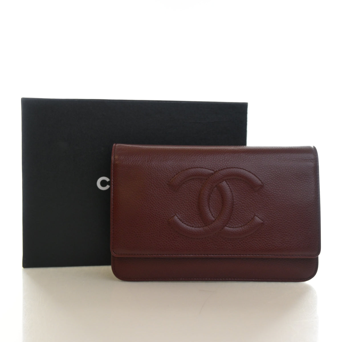 Pre-Owned Chanel Wallet On Chain 23 Caviar Leather Timeless CC WOC, shown with dust bag and packaging