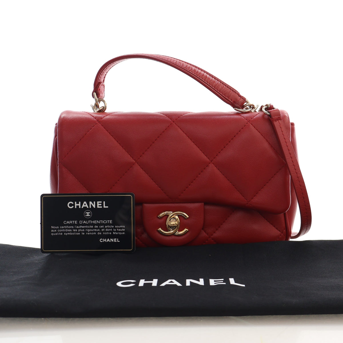 Pre-Owned Chanel Flap Bag Small Lambskin Rectangular, shown with dust bag and packaging